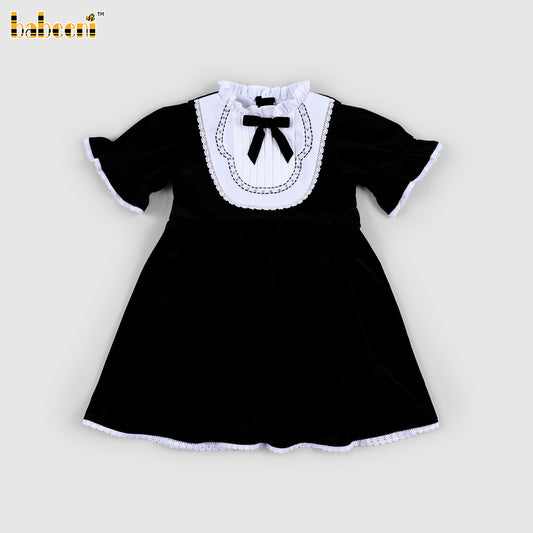 DR4555 - Midnight Elegance Velvet Dress with Ruffled Bib and Bow Detail