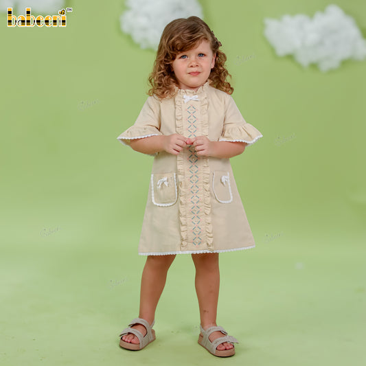 DR4556 - Soft Honey Vintage Corduroy Dress with Embroidered Front and Pocket Bows