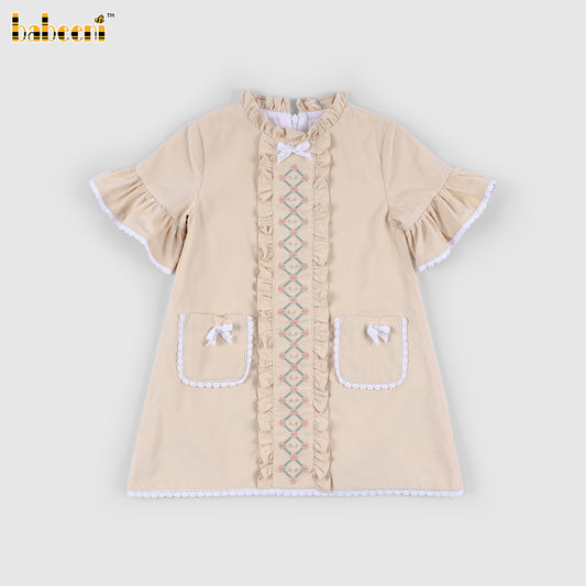 DR4556 - Soft Honey Vintage Corduroy Dress with Embroidered Front and Pocket Bows