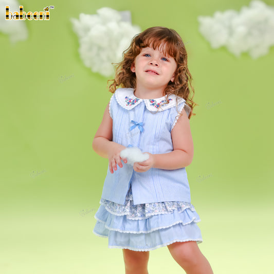 DR4559 - Blue Meadow Ruffled Skirt & Embroidered Collar Top Set