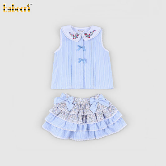 DR4559 - Girls Baby Blue Stripe Embroidered Sleeveless Top
