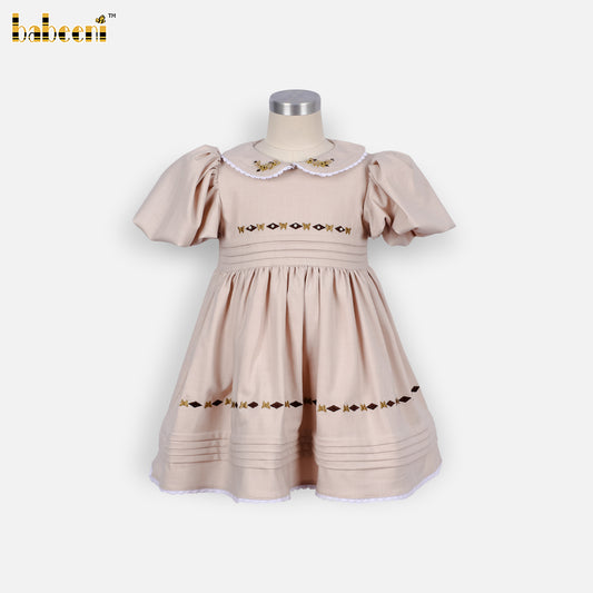 DR4565 - Classic Beige Puff Sleeve Dress with Embroidered Trim