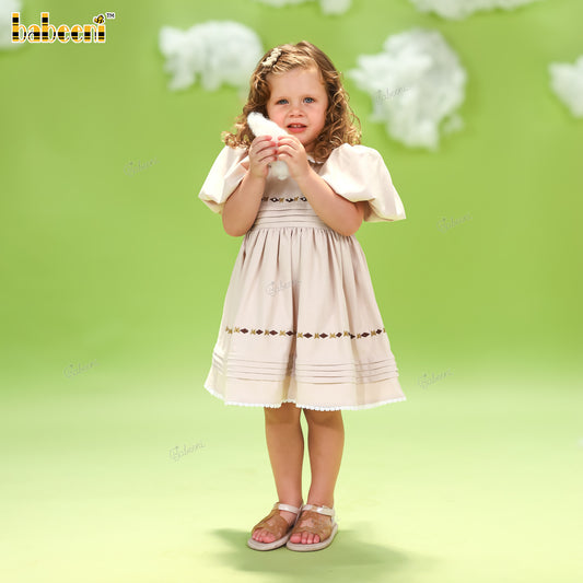 DR4565 - Classic Beige Puff Sleeve Dress with Embroidered Trim