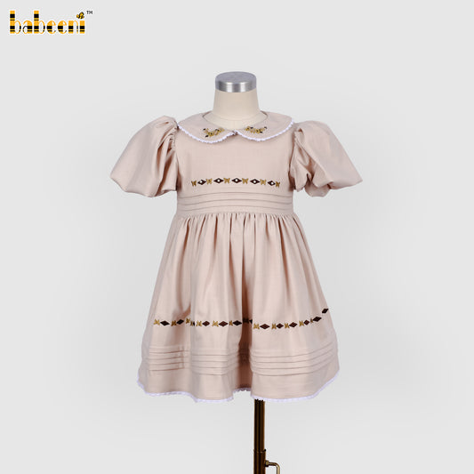 DR4565 - Classic Beige Puff Sleeve Dress with Embroidered Trim