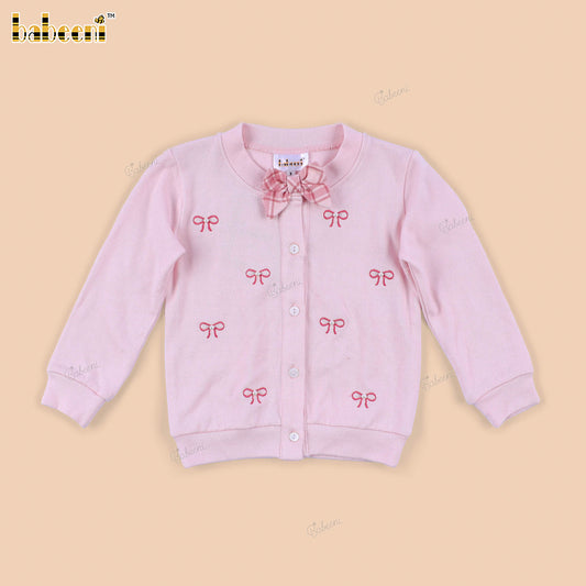 DR4569 – Girls’ Pink Embroidered Bow Knit Cardigan