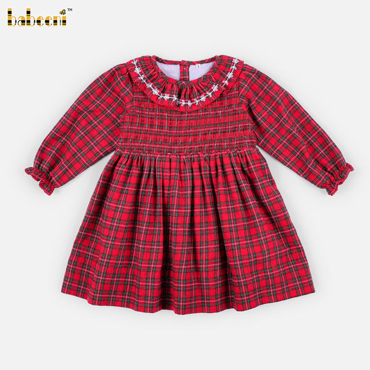 DR4595 - Girls Red Tartan Dress with Smocked Bodice & Statement Bow