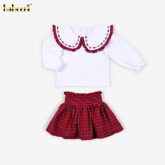 DR4597 - Girls White Knit Top with Tartan Collar