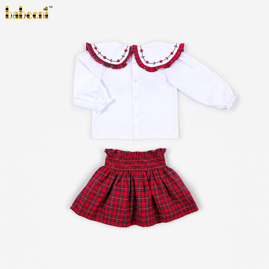 DR4597 - Girls White Knit Top with Tartan Collar