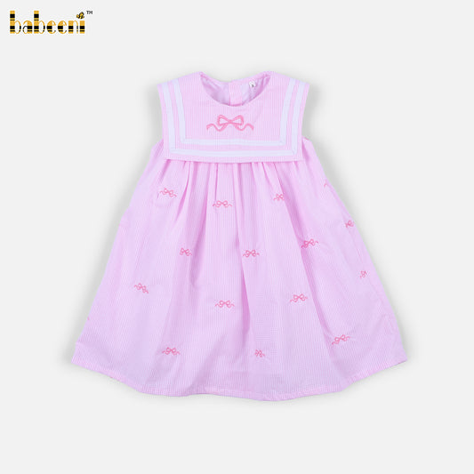 DR4598 - Girls Pink Gingham Bow Embroidered Dress