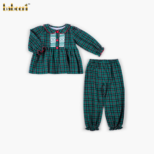 DR4599 - Girls Green Tartan Smocked Pant Set