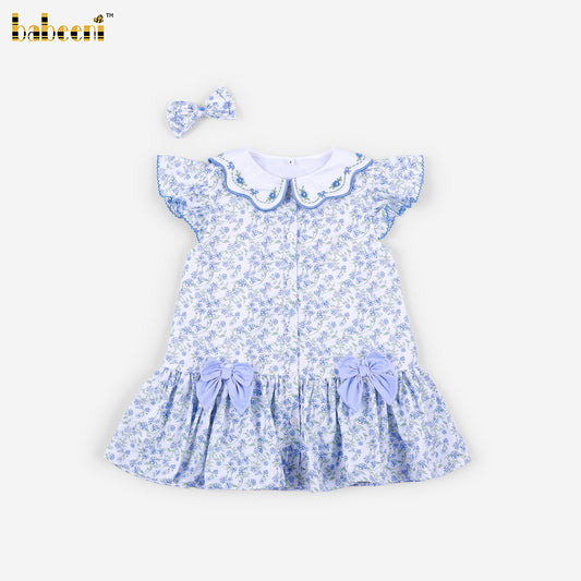 DR4602 - Girls Blue Floral Flutter Sleeve Dress with Bow Accent
