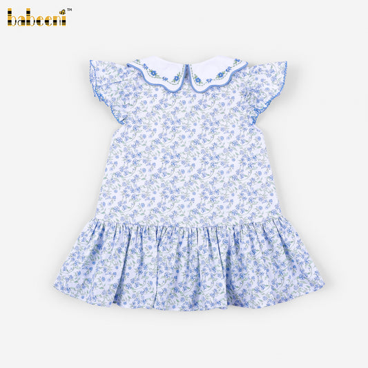 DR4602 - Girls Blue Floral Flutter Sleeve Dress with Bow Accent