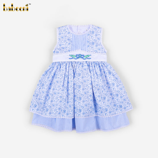 DR4605 - Girls Blue Floral Pearl-Embellished Dress Set