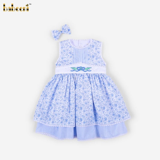 DR4605 - Girls Blue Floral Pearl-Embellished Dress Set