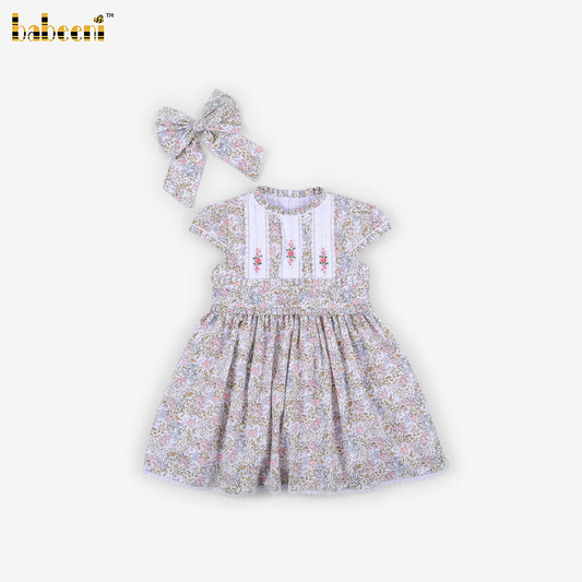 DR4610 - Girls Floral Pearl Hand-Embroidered Dress with Matching Hair Bows