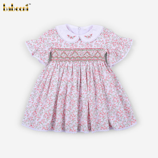 DR4611 - Girls Floral Hand-Smocked & Pearl Hand-Embroidered Dress with Matching Hair Bows