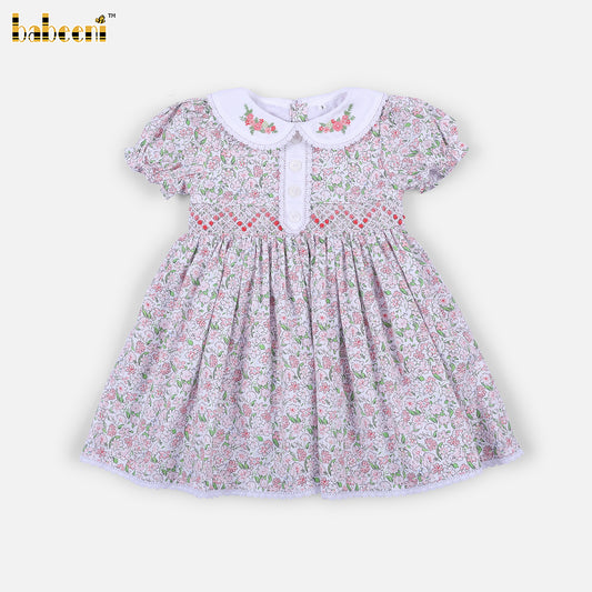DR4612 - Girls Pink Floral Hand-Embroidered Smocked Dress