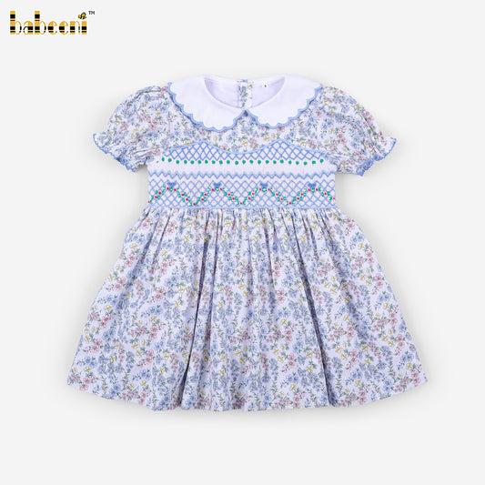 DR4613 - Girls Floral Scallop Smocked Dress with Bow Hair Accessory