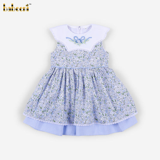 DR4614 - Girls Blue Floral Smocked Bow Back Dress