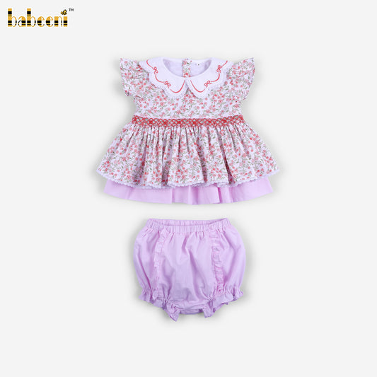 DR4615 - Girls Pink Floral Smocked Baby Collar Dress with Bloomers Set