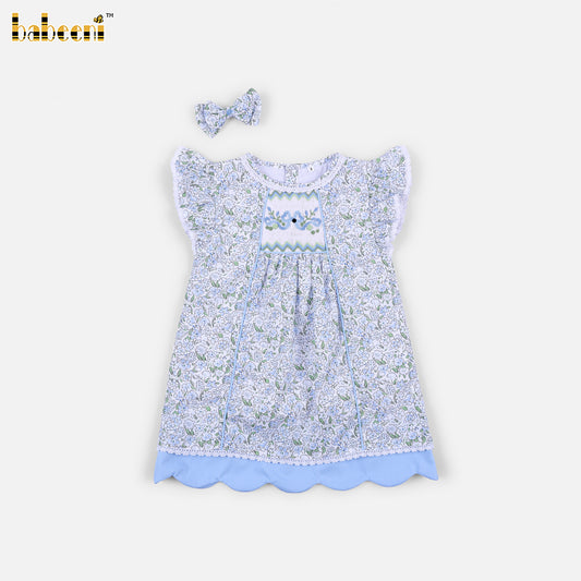 DR4616 - Girls Light Blue Floral Smocked Sleeveless Dress with Scallop Hem