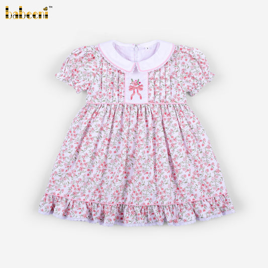 DR4617 - Girls Pink Floral Smocked Puff Sleeve Dress with Waist Tie Bow