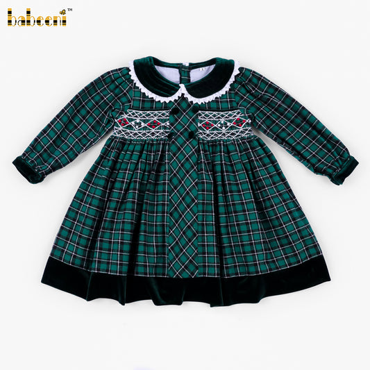 DR4619 - Girls Green Tartan Hand-Smocked Dress