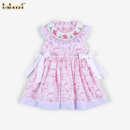 DR4628 - Girls Pearl-Embellished Hand-Smocked Floral Dress