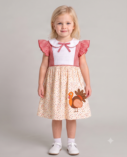 Thanksgiving Hand Embroidery Turkey Dress For Girl - DR3756