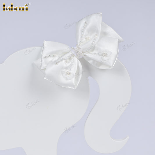 White Satin Bow with Beaded Embellishments - HB168