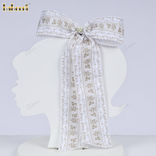 Neutral Floral Long Tail Hair Bow - HB171