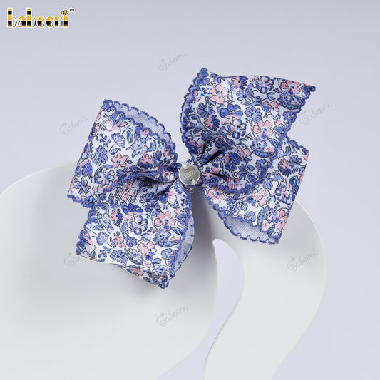 Blue Floral Grosgrain Hair Bow - HB172