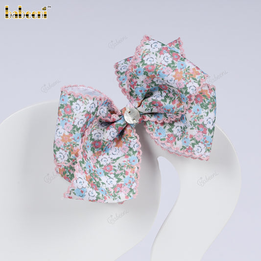 Pink Edge Floral Grosgrain Hair Bow - HB173