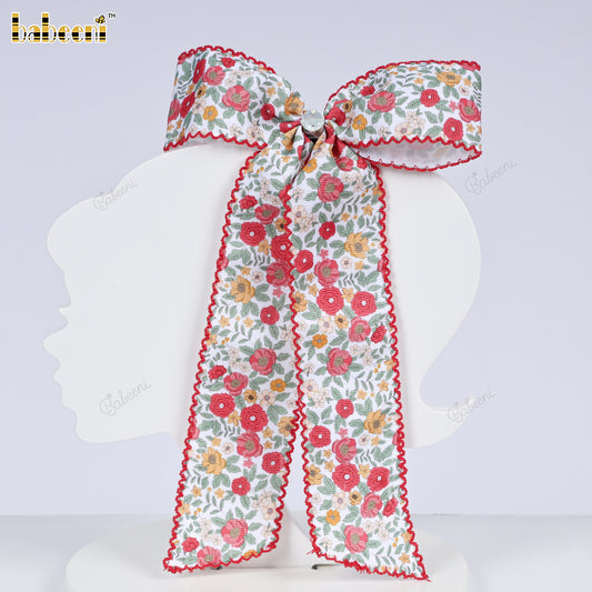 Red Floral Grosgrain Hair Bow - HB176