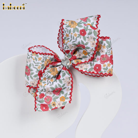 Red Floral Grosgrain Hair Bow - HB177