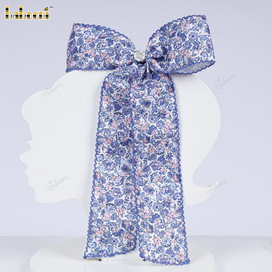 Blue & Pink Floral Grosgrain Hair Bow - HB179