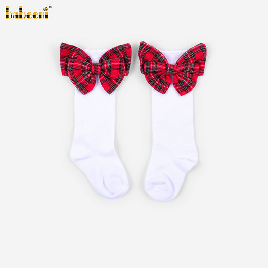 HS59 - Girls White Plain Knee-High Socks with Tartan Bow