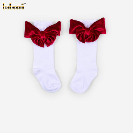 HS63 - Girls White Plain Knee-High Socks with Red Velvet Bow