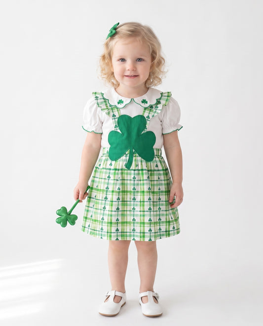DR4647 - Girls St. Patrick's Day Knit Top & Shamrock Plaid Bubble Romper Set