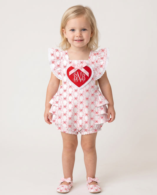 DR4673 - Baby Girls Eco Heart Ruffle Bubble with Ribbon Bow