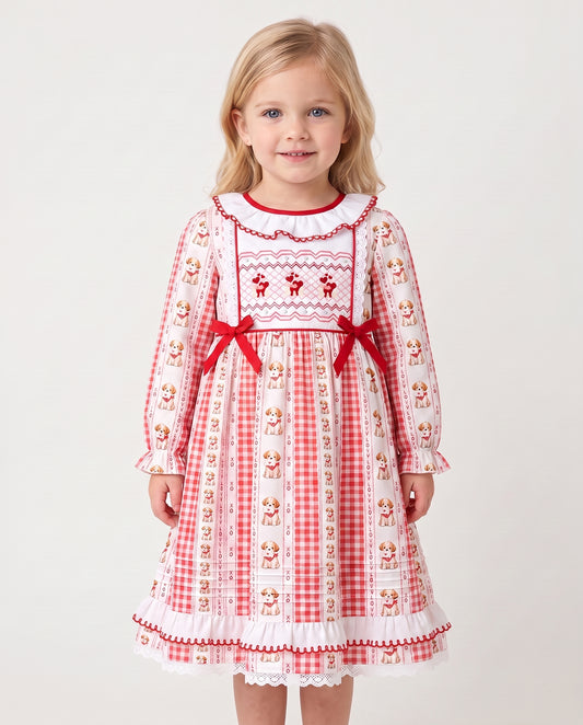 DR4672 - Girls Eco Red Stripe Dress with Hand-Embroidered Detail