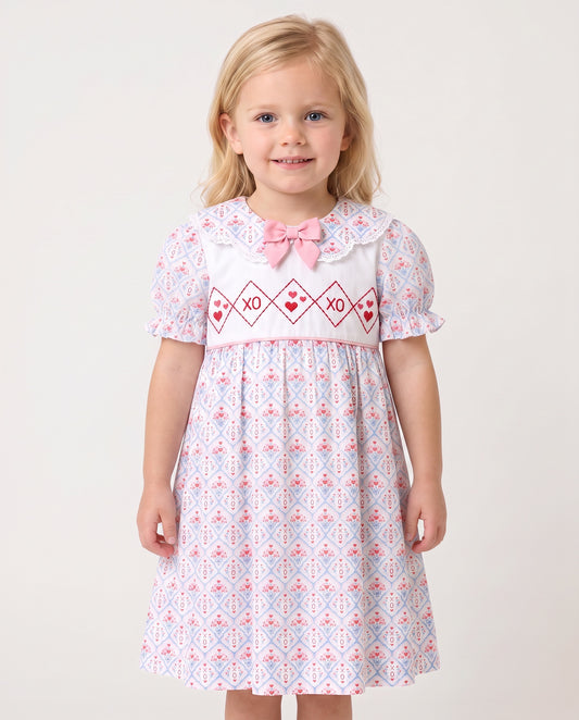 DR4679 - Girls Eco Heart Pattern Dress with Hand-Embroidered Bodice
