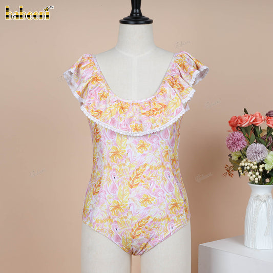 LD26 – Women’s Ruffled One-Piece Swimsuit with Palm & Flamingo Print