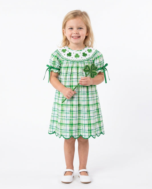 DR4652 - Girls St. Patrick's Day Plaid Bishop Dress with Shamrock Embroidery