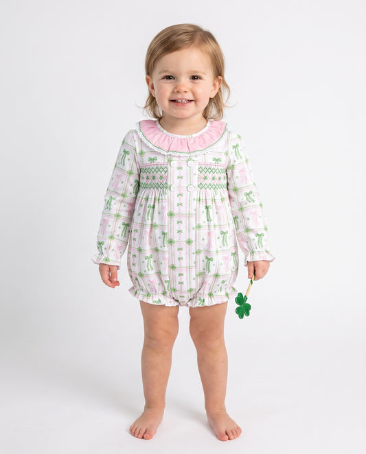 DR4664 - Girls' St. Patrick's Day Smocked Bloomer Romper