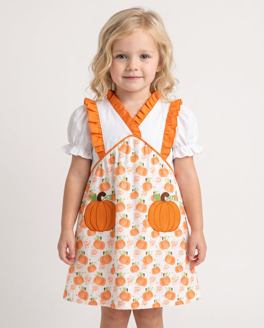 Girl Dress In Orange Pumpkin Embroidered - DR4027