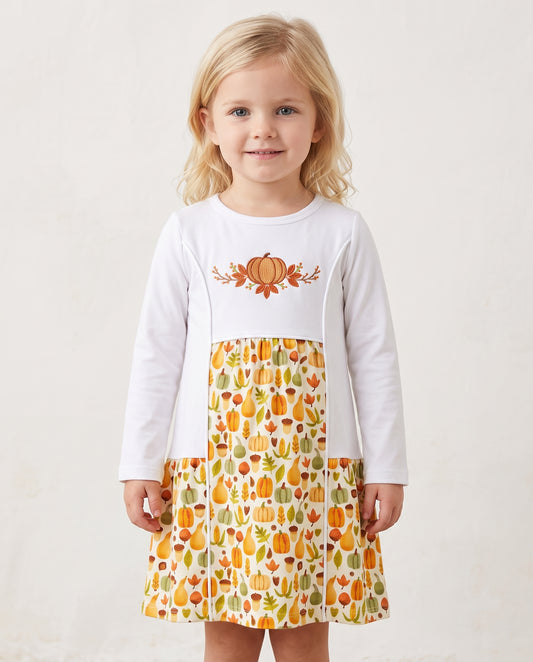 Girl Dress In White Hand Embroidered Thanksgiving Theme - DR4025