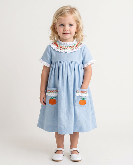 Girl Dress Geometric Smocked Pumpkin Hand Embroidered - DR4024