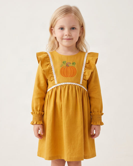 Girl Dress In Orange Pumpkin Embroidered - DR4022