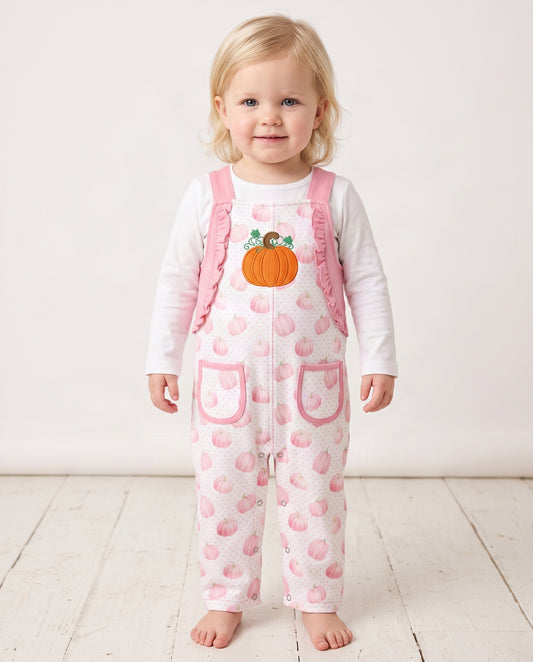 Girl Pink Shortall With Pumpkin Embroidered - DR4021